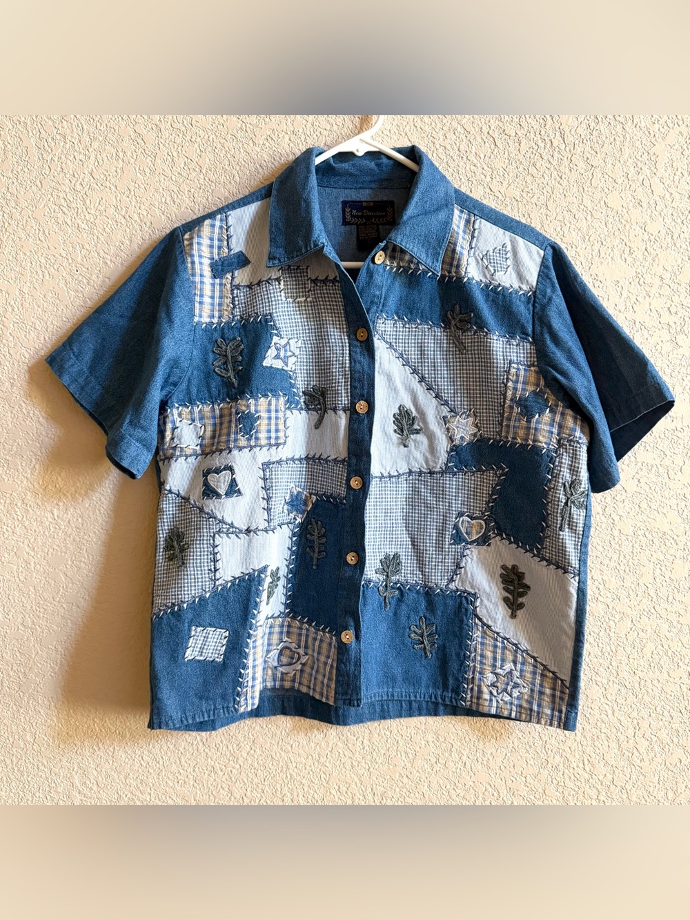 New Direction Button Down Top Womens Size L Denim Cotton Short Sleeve Patchwork